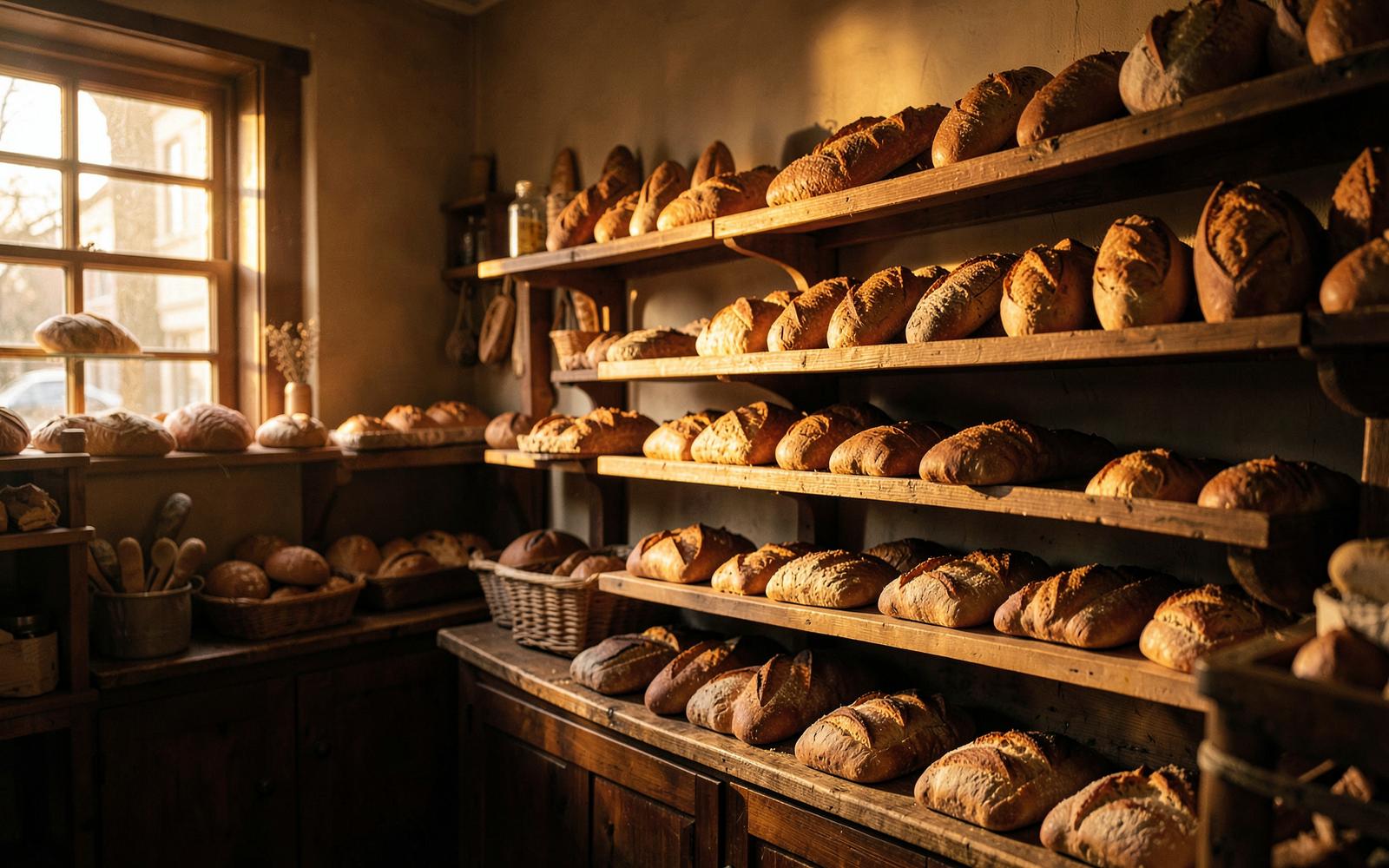 Prateleiras de pães artesanais fresquinhos na Panificadora De Fátima